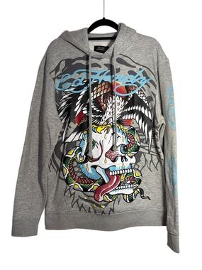 Ed Hardy Grey Hoodie with Multicolor Eagle & Snake Graphic